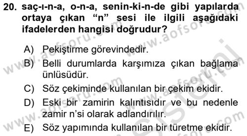 Türkçe Ses Bilgisi Dersi 2021 - 2022 Yılı (Vize) Ara Sınav Soruları 20. Soru