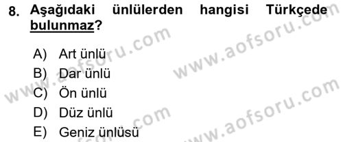 Türkçe Ses Bilgisi Dersi Ara Sınavı Deneme Sınav Soruları 8. Soru