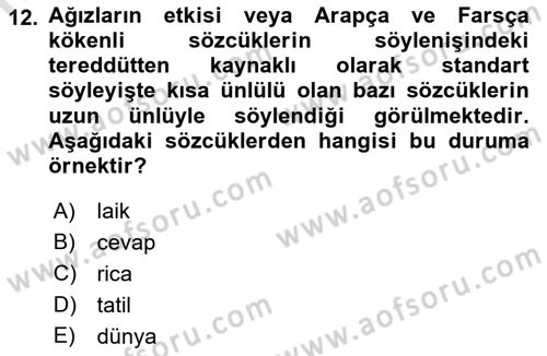 Türkçe Ses Bilgisi Dersi 2021 - 2022 Yılı (Final) Dönem Sonu Sınavı 12. Soru