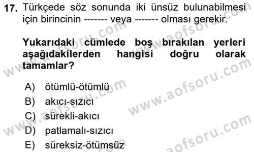 Türkçe Ses Bilgisi Dersi 2021 - 2022 Yılı (Final) Dönem Sonu Sınavı 17. Soru