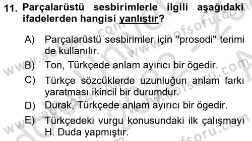 Türkçe Ses Bilgisi Dersi 2022 - 2023 Yılı (Vize) Ara Sınavı 11. Soru