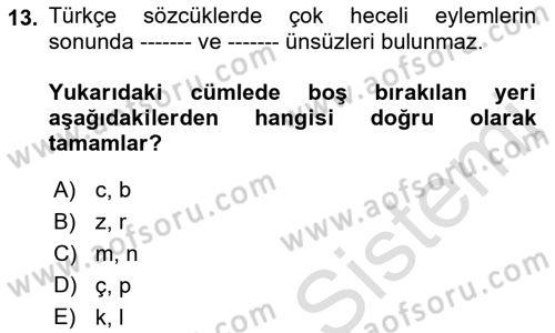 Türkçe Ses Bilgisi Dersi 2022 - 2023 Yılı (Final) Dönem Sonu Sınavı 13. Soru