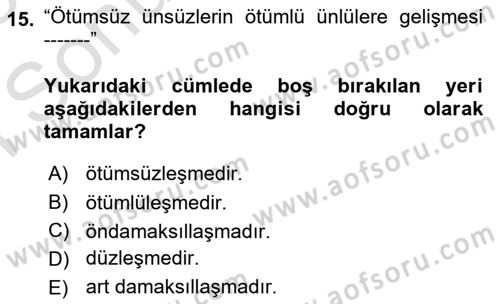 Türkçe Ses Bilgisi Dersi 2022 - 2023 Yılı (Final) Dönem Sonu Sınavı 15. Soru