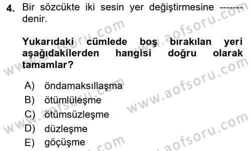 Türkçe Ses Bilgisi Dersi 2022 - 2023 Yılı (Final) Dönem Sonu Sınavı 4. Soru