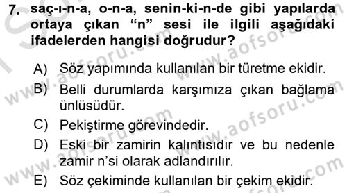 Türkçe Ses Bilgisi Dersi 2022 - 2023 Yılı (Final) Dönem Sonu Sınavı 7. Soru