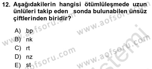 Türkçe Ses Bilgisi Dersi 2022 - 2023 Yılı Yaz Okulu Sınav Soruları 12. Soru