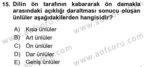 Türkçe Ses Bilgisi Dersi 2022 - 2023 Yılı Yaz Okulu Sınav Soruları 15. Soru