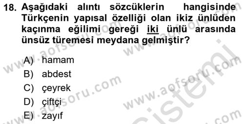 Türkçe Ses Bilgisi Dersi 2022 - 2023 Yılı Yaz Okulu Sınav Soruları 18. Soru