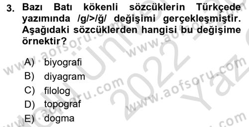 Türkçe Ses Bilgisi Dersi 2022 - 2023 Yılı Yaz Okulu Sınav Soruları 3. Soru