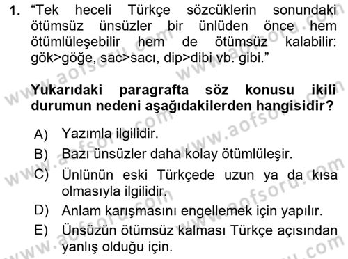 Türkçe Ses Bilgisi Dersi 2023 - 2024 Yılı (Vize) Ara Sınavı 1. Soru