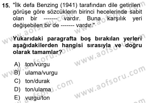 Türkçe Ses Bilgisi Dersi 2023 - 2024 Yılı (Vize) Ara Sınavı 15. Soru