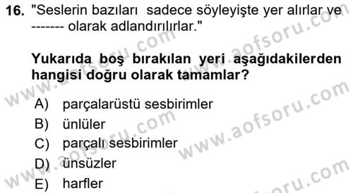 Türkçe Ses Bilgisi Dersi 2023 - 2024 Yılı (Vize) Ara Sınavı 16. Soru