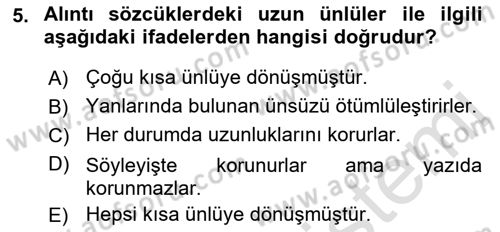 Türkçe Ses Bilgisi Dersi 2023 - 2024 Yılı (Vize) Ara Sınavı 5. Soru