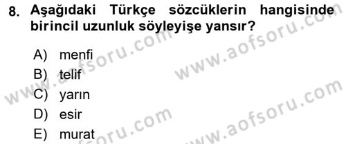 Türkçe Ses Bilgisi Dersi 2023 - 2024 Yılı (Final) Dönem Sonu Sınavı 8. Soru