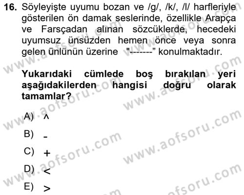 Türkçe Ses Bilgisi Dersi 2023 - 2024 Yılı Yaz Okulu Sınav Soruları 16. Soru