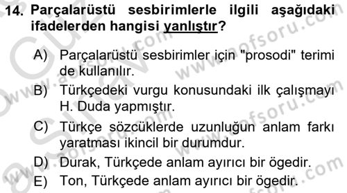 Türkçe Ses Bilgisi Dersi 2024 - 2025 Yılı (Vize) Ara Sınav Soruları 14. Soru