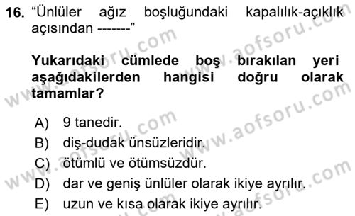 Türkçe Ses Bilgisi Dersi 2024 - 2025 Yılı (Vize) Ara Sınav Soruları 16. Soru