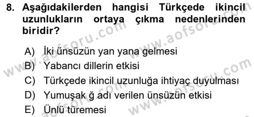 Türkçe Ses Bilgisi Dersi 2024 - 2025 Yılı (Vize) Ara Sınav Soruları 8. Soru