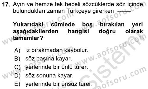 Türkçe Ses Bilgisi Dersi 2024 - 2025 Yılı Yaz Okulu Sınav Soruları 17. Soru