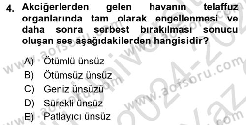 Türkçe Ses Bilgisi Dersi 2024 - 2025 Yılı Yaz Okulu Sınav Soruları 4. Soru