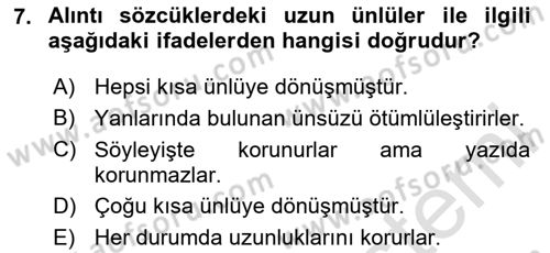 Türkçe Ses Bilgisi Dersi 2024 - 2025 Yılı Yaz Okulu Sınav Soruları 7. Soru