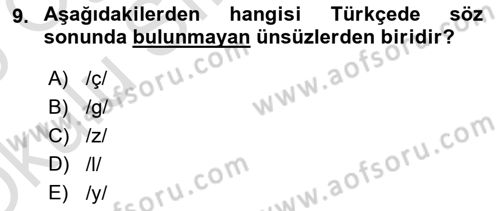 Türkçe Ses Bilgisi Dersi 2024 - 2025 Yılı Yaz Okulu Sınav Soruları 9. Soru