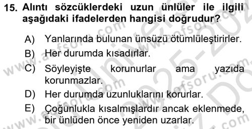 Türkçe Ses Bilgisi Dersi 2025 - 2026 Yılı (Vize) Ara Sınav Soruları 15. Soru