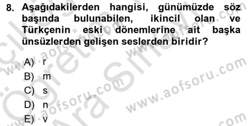 Türkçe Ses Bilgisi Dersi 2025 - 2026 Yılı (Vize) Ara Sınav Soruları 8. Soru