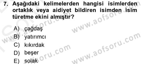 Türkçe Biçim Bilgisi Dersi 2017 - 2018 Yılı (Final) Dönem Sonu Sınavı 7. Soru