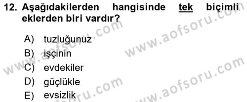 Türkçe Biçim Bilgisi Dersi 2018 - 2019 Yılı (Vize) Ara Sınav Soruları 12. Soru