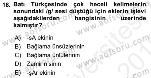 Türkçe Biçim Bilgisi Dersi 2018 - 2019 Yılı (Vize) Ara Sınav Soruları 18. Soru