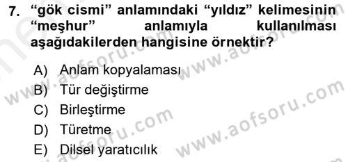 Türkçe Biçim Bilgisi Dersi 2018 - 2019 Yılı (Vize) Ara Sınav Soruları 7. Soru