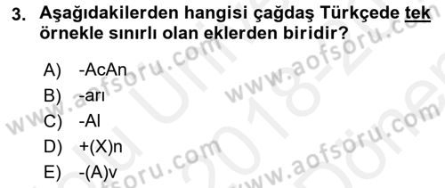 Türkçe Biçim Bilgisi Dersi 2018 - 2019 Yılı (Final) Dönem Sonu Sınav Soruları 3. Soru