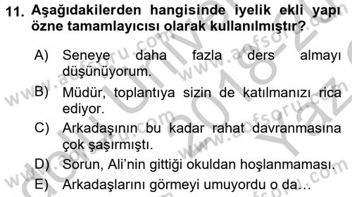 Türkçe Biçim Bilgisi Dersi 2018 - 2019 Yılı Yaz Okulu Sınav Soruları 11. Soru