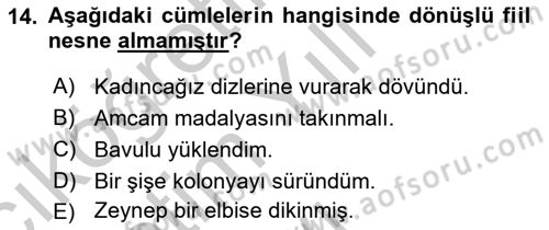 Türkçe Biçim Bilgisi Dersi 2018 - 2019 Yılı Yaz Okulu Sınav Soruları 14. Soru