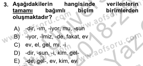 Türkçe Biçim Bilgisi Dersi 2018 - 2019 Yılı Yaz Okulu Sınav Soruları 3. Soru