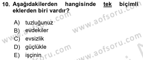 Türkçe Biçim Bilgisi Dersi 2021 - 2022 Yılı (Vize) Ara Sınav Soruları 10. Soru