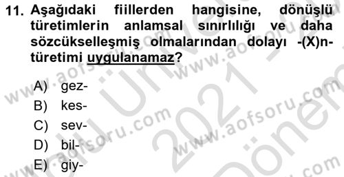 Türkçe Biçim Bilgisi Dersi 2021 - 2022 Yılı (Final) Dönem Sonu Sınav Soruları 11. Soru