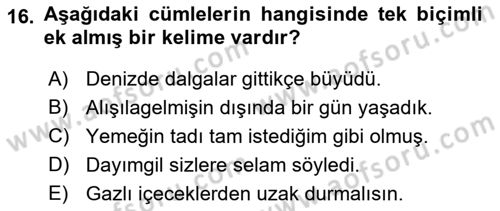 Türkçe Biçim Bilgisi Dersi 2021 - 2022 Yılı (Final) Dönem Sonu Sınav Soruları 16. Soru