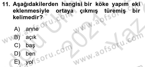 Türkçe Biçim Bilgisi Dersi 2021 - 2022 Yılı Yaz Okulu Sınav Soruları 11. Soru