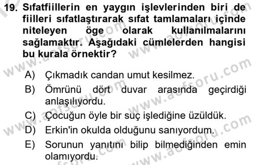 Türkçe Biçim Bilgisi Dersi 2021 - 2022 Yılı Yaz Okulu Sınav Soruları 19. Soru