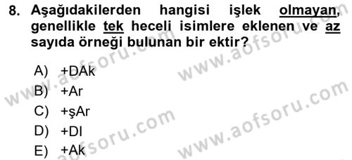 Türkçe Biçim Bilgisi Dersi 2022 - 2023 Yılı Yaz Okulu Sınav Soruları 8. Soru