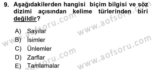 Türkçe Biçim Bilgisi Dersi 2022 - 2023 Yılı Yaz Okulu Sınav Soruları 9. Soru