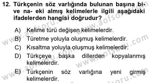 Türkçe Biçim Bilgisi Dersi 2023 - 2024 Yılı (Vize) Ara Sınav Soruları 12. Soru