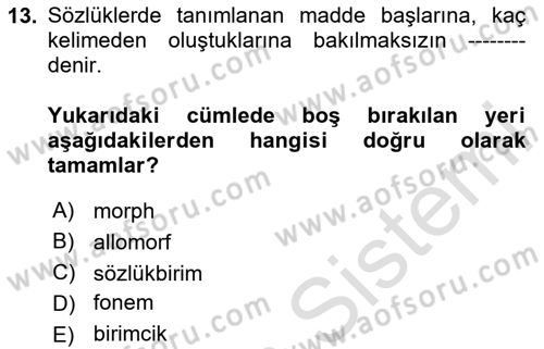 Türkçe Biçim Bilgisi Dersi 2023 - 2024 Yılı (Vize) Ara Sınav Soruları 13. Soru