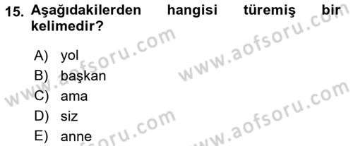Türkçe Biçim Bilgisi Dersi 2023 - 2024 Yılı (Vize) Ara Sınav Soruları 15. Soru
