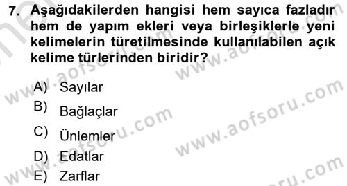 Türkçe Biçim Bilgisi Dersi 2023 - 2024 Yılı (Vize) Ara Sınav Soruları 7. Soru