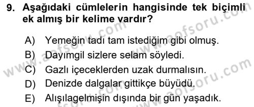 Türkçe Biçim Bilgisi Dersi 2023 - 2024 Yılı (Vize) Ara Sınav Soruları 9. Soru