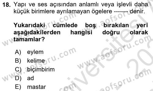 Türkçe Biçim Bilgisi Dersi 2023 - 2024 Yılı (Final) Dönem Sonu Sınav Soruları 18. Soru