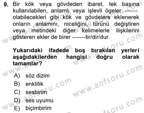 Türkçe Biçim Bilgisi Dersi 2023 - 2024 Yılı Yaz Okulu Sınav Soruları 9. Soru
